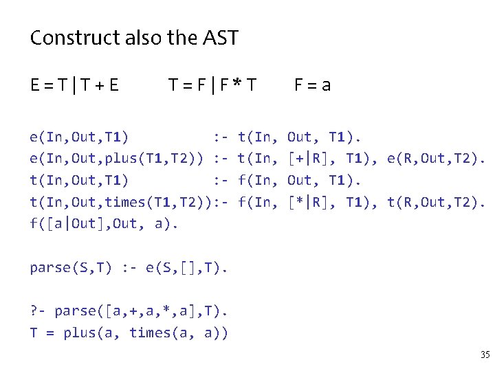 Construct also the AST E = T | T + E T = F