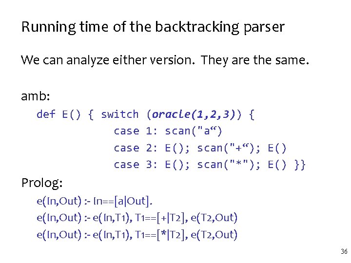 Running time of the backtracking parser We can analyze either version. They are the