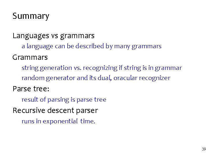 Summary Languages vs grammars a language can be described by many grammars Grammars string