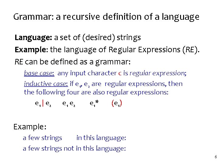 Grammar: a recursive definition of a language Language: a set of (desired) strings Example: