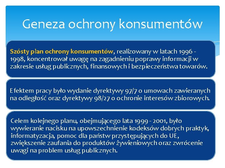 Geneza ochrony konsumentów Szósty plan ochrony konsumentów, realizowany w latach 1996 - 1998, koncentrował