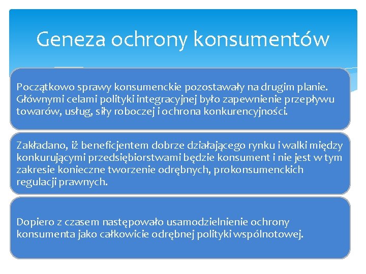 Geneza ochrony konsumentów Początkowo sprawy konsumenckie pozostawały na drugim planie. Głównymi celami polityki integracyjnej