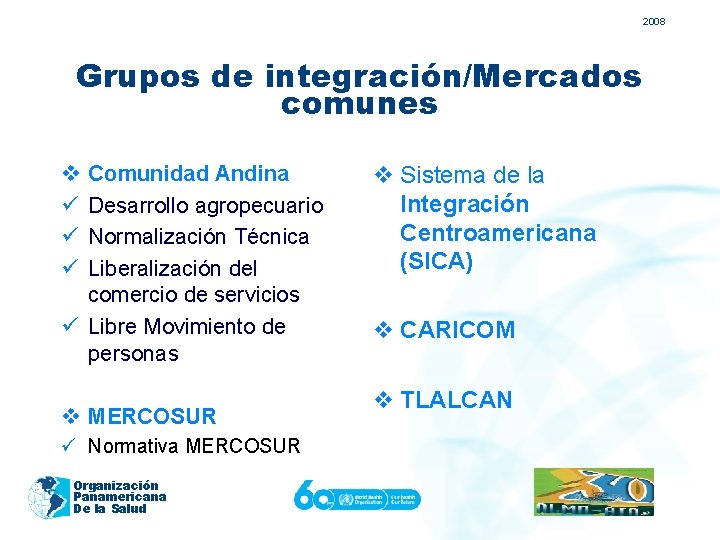 2008 Grupos de integración/Mercados comunes v ü ü ü Comunidad Andina Desarrollo agropecuario Normalización