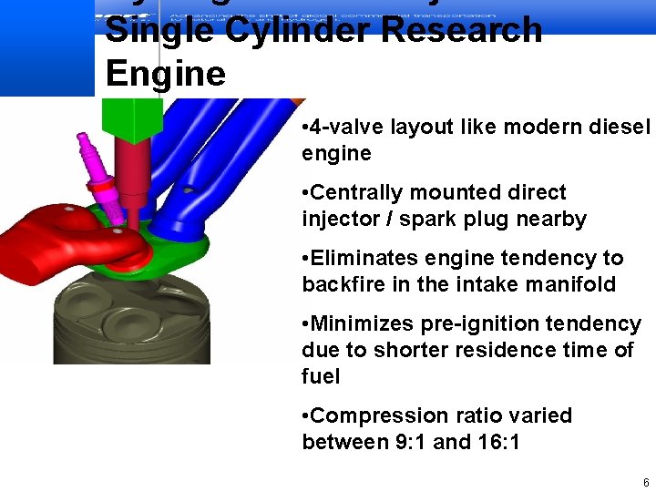 Single Cylinder Research Engine • 4 -valve layout like modern diesel engine • Centrally