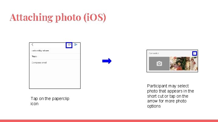 Attaching photo (i. OS) Tap on the paperclip icon Participant may select photo that