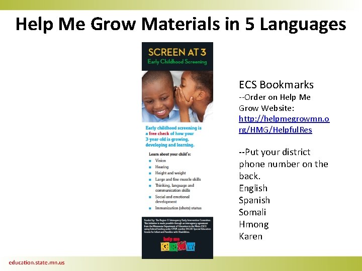 Help Me Grow Materials in 5 Languages ECS Bookmarks --Order on Help Me Grow