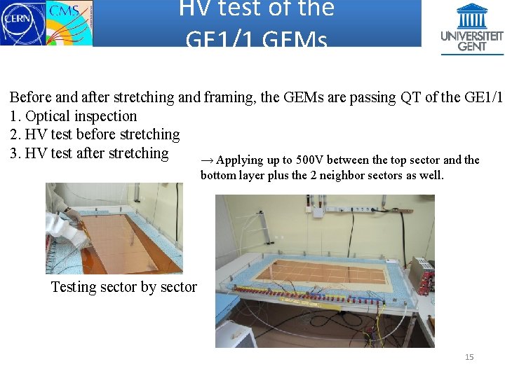 HV test of the GE 1/1 GEMs Before and after stretching and framing, the