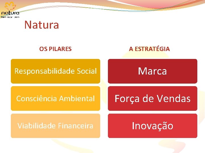 Natura OS PILARES A ESTRATÉGIA Responsabilidade Social Marca Consciência Ambiental Força de Vendas Viabilidade