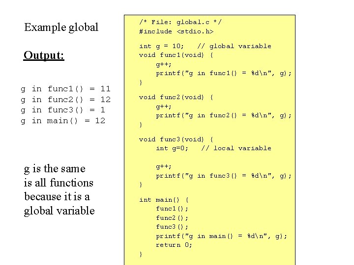 Example global Output: g g in in func 1() = 11 func 2() =