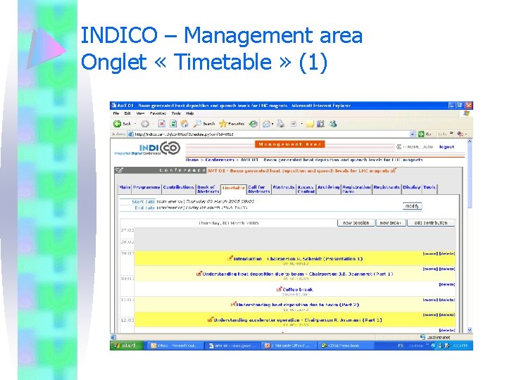 INDICO – Management area Onglet « Timetable » (1) 