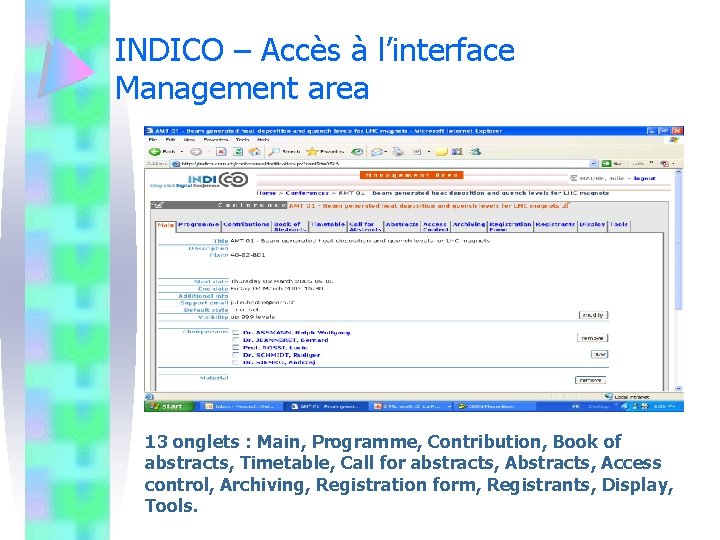 INDICO – Accès à l’interface Management area 13 onglets : Main, Programme, Contribution, Book