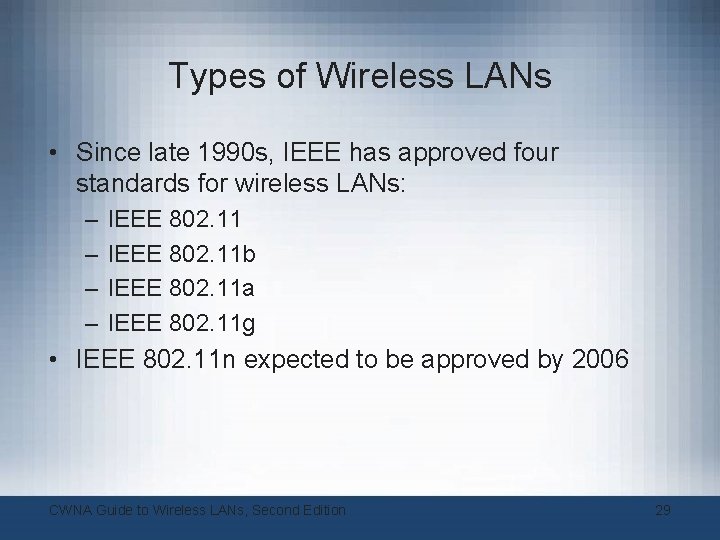 Types of Wireless LANs • Since late 1990 s, IEEE has approved four standards Types of Wireless LANs • Since late 1990 s, IEEE has approved four standards