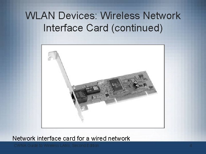 WLAN Devices: Wireless Network Interface Card (continued) Network interface card for a wired network WLAN Devices: Wireless Network Interface Card (continued) Network interface card for a wired network