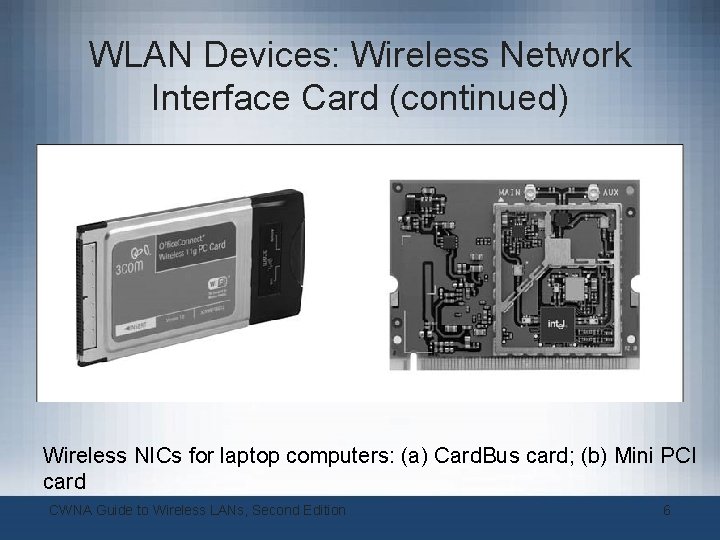 WLAN Devices: Wireless Network Interface Card (continued) Wireless NICs for laptop computers: (a) Card. WLAN Devices: Wireless Network Interface Card (continued) Wireless NICs for laptop computers: (a) Card.