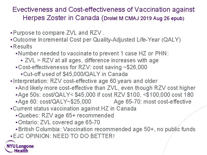 Evectiveness and Cost-effectiveness of Vaccination against Herpes Zoster in Canada (Drolet M CMAJ 2019