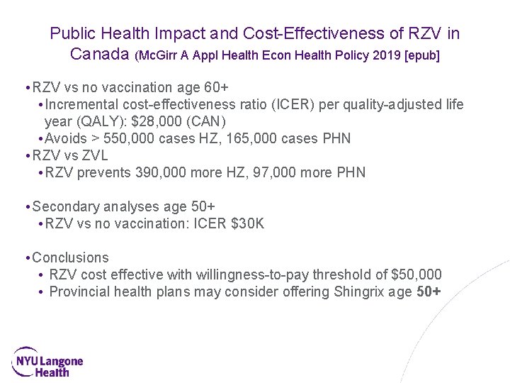 Public Health Impact and Cost-Effectiveness of RZV in Canada (Mc. Girr A Appl Health