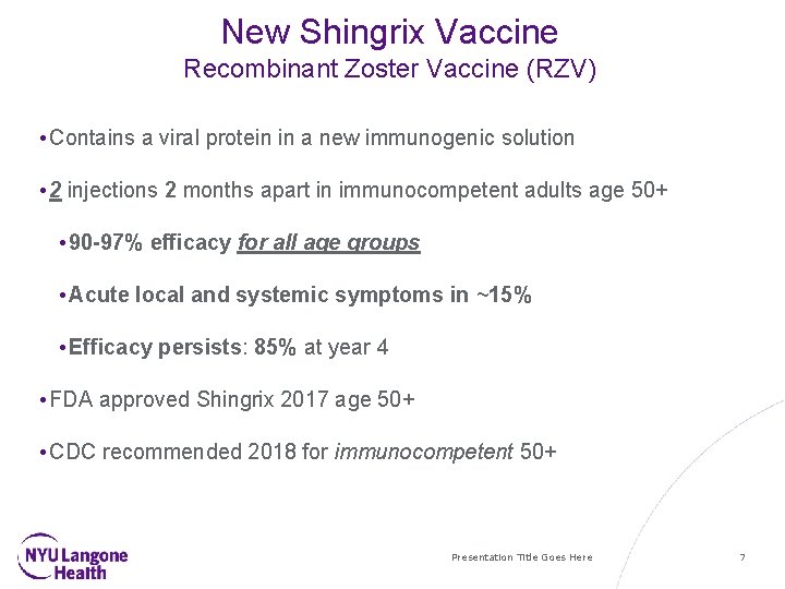 New Shingrix Vaccine Recombinant Zoster Vaccine (RZV) • Contains a viral protein in a