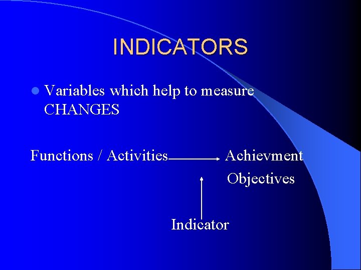 INDICATORS l Variables which help to measure CHANGES Functions / Activities Achievment Objectives Indicator