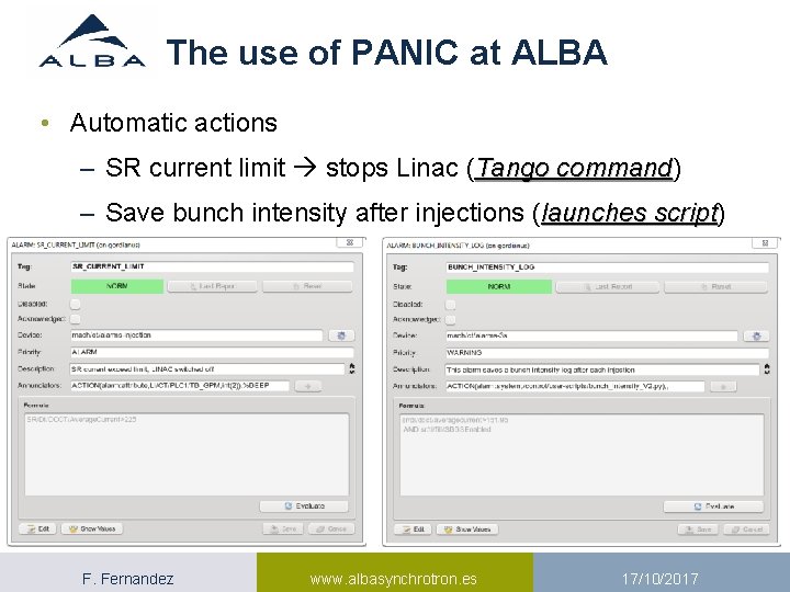 The use of PANIC at ALBA • Automatic actions – SR current limit stops