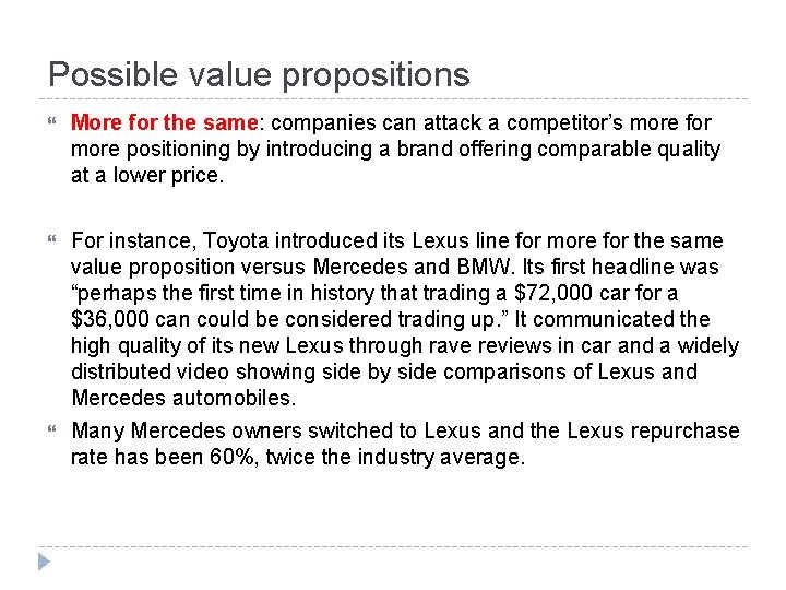 Possible value propositions More for the same: companies can attack a competitor’s more for