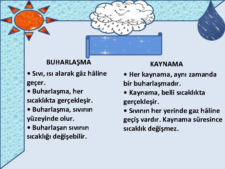 BUHARLAŞMA • Sıvı, ısı alarak gâz hâline geçer. • Buharlaşma, her sıcaklıkta gerçekleşir. •