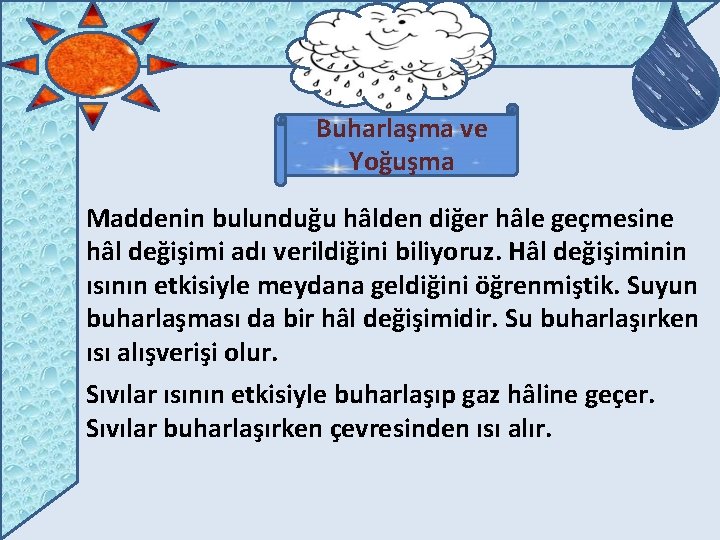 Buharlaşma ve Yoğuşma Maddenin bulunduğu hâlden diğer hâle geçmesine hâl değişimi adı verildiğini biliyoruz.