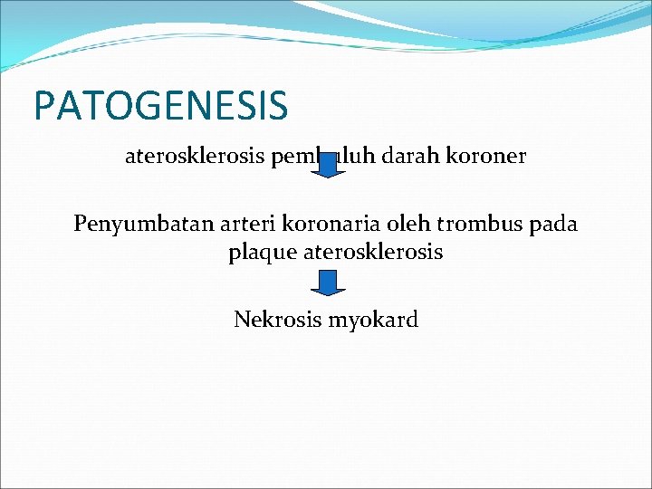 PATOGENESIS aterosklerosis pembuluh darah koroner Penyumbatan arteri koronaria oleh trombus pada plaque aterosklerosis Nekrosis