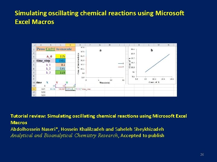 Simulating oscillating chemical reactions using Microsoft Excel Macros Tutorial review: Simulating oscillating chemical reactions