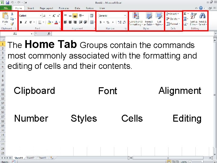 The Home Tab Groups contain the commands most commonly associated with the formatting and The Home Tab Groups contain the commands most commonly associated with the formatting and