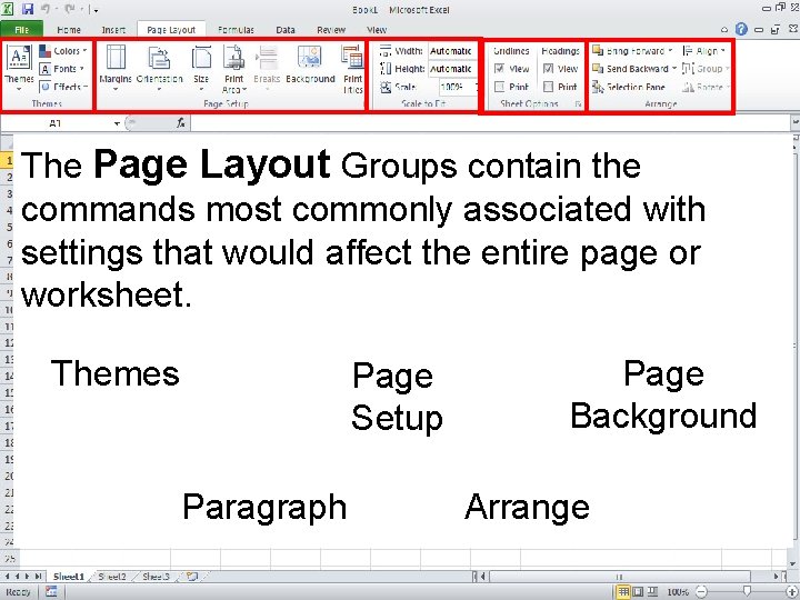 The Page Layout Groups contain the commands most commonly associated with settings that would The Page Layout Groups contain the commands most commonly associated with settings that would
