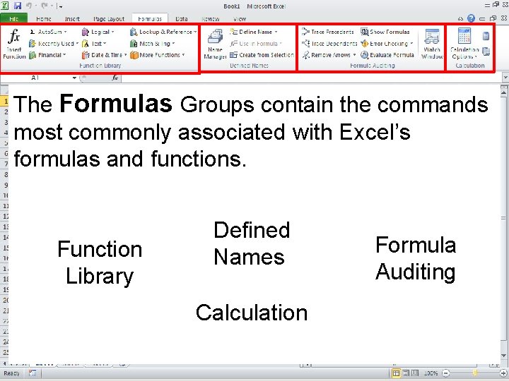The Formulas Groups contain the commands most commonly associated with Excel’s formulas and functions. The Formulas Groups contain the commands most commonly associated with Excel’s formulas and functions.