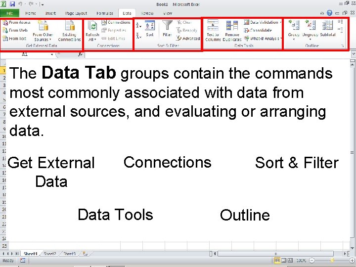 The Data Tab groups contain the commands most commonly associated with data from external The Data Tab groups contain the commands most commonly associated with data from external
