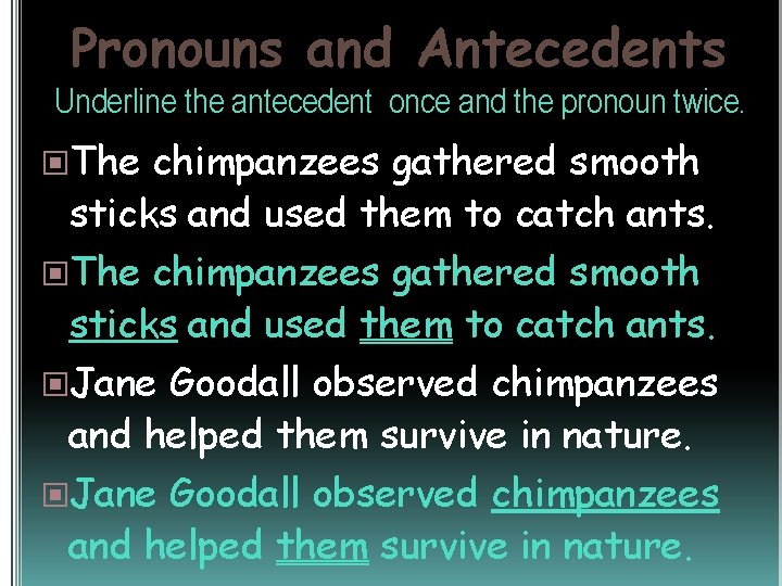 Pronouns and Antecedents Underline the antecedent once and the pronoun twice. The chimpanzees gathered