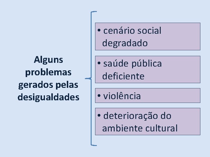  • cenário social degradado Alguns problemas gerados pelas desigualdades • saúde pública deficiente