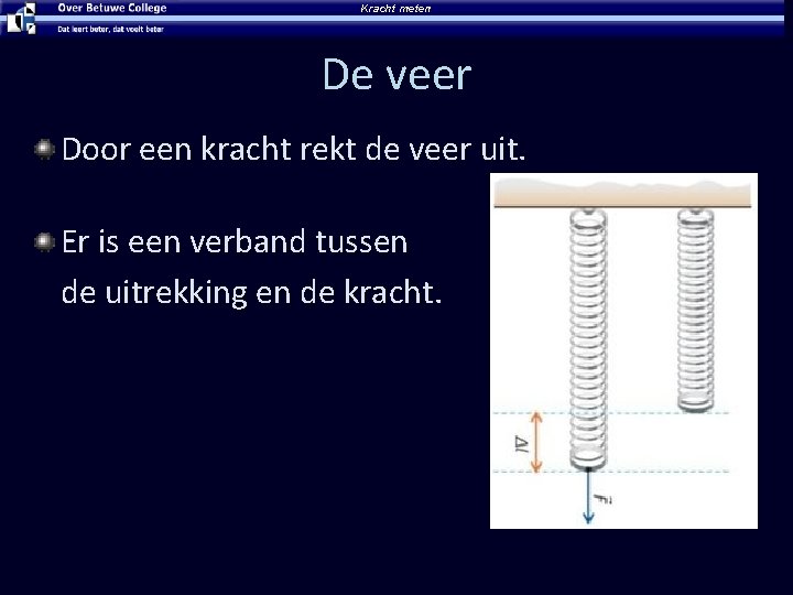 Kracht meten De veer Door een kracht rekt de veer uit. Er is een