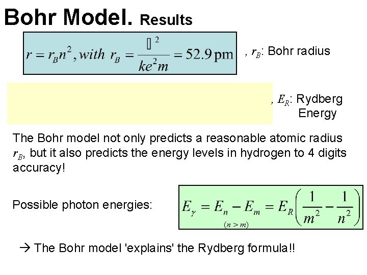 Bohr Model. Results , r. B: Bohr radius , ER: Rydberg Energy The Bohr Bohr Model. Results , r. B: Bohr radius , ER: Rydberg Energy The Bohr