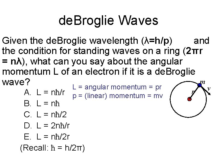 de. Broglie Waves Given the de. Broglie wavelength (λ=h/p) and the condition for standing de. Broglie Waves Given the de. Broglie wavelength (λ=h/p) and the condition for standing