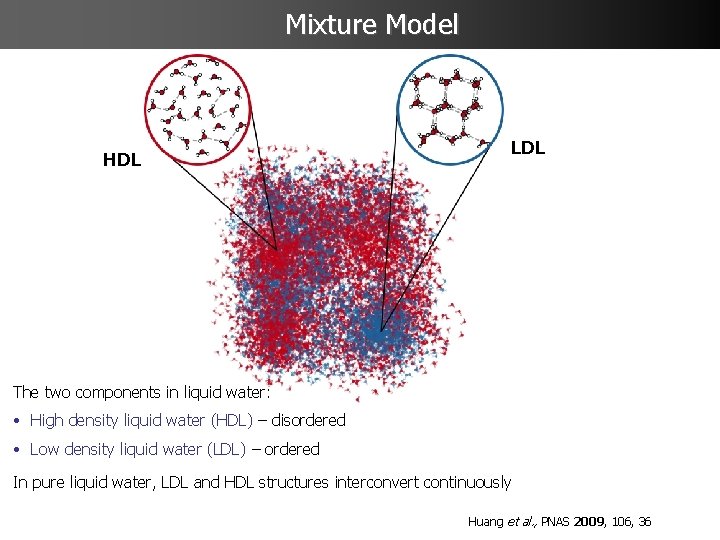 Mixture Model HDL LDL The two components in liquid water: • High density liquid