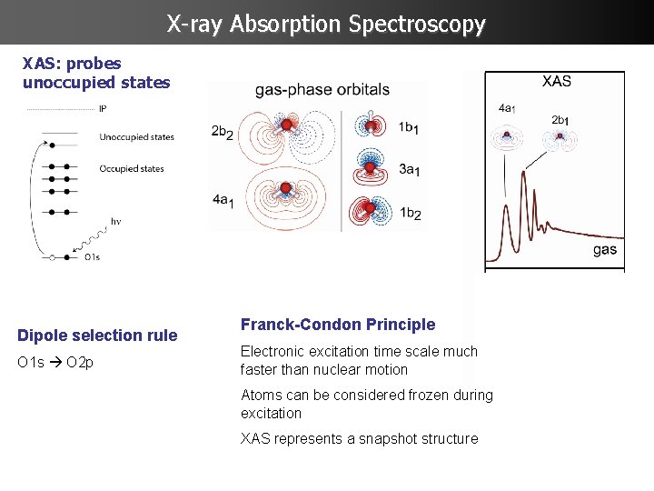 X-ray Absorption Spectroscopy XAS: probes unoccupied states Dipole selection rule O 1 s O
