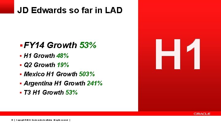 JD Edwards so far in LAD § FY 14 Growth 53% § H 1 JD Edwards so far in LAD § FY 14 Growth 53% § H 1