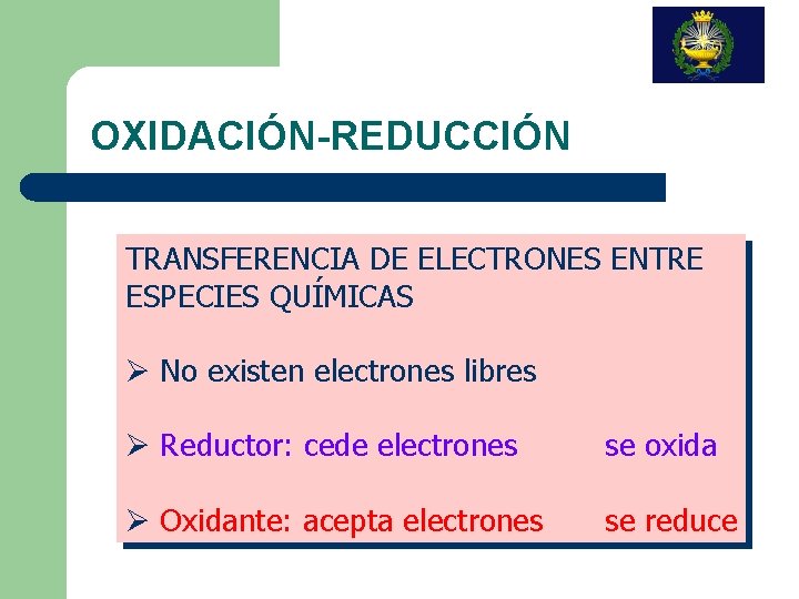 OXIDACIÓN-REDUCCIÓN TRANSFERENCIA DE ELECTRONES ENTRE ESPECIES QUÍMICAS Ø No existen electrones libres Ø Reductor: