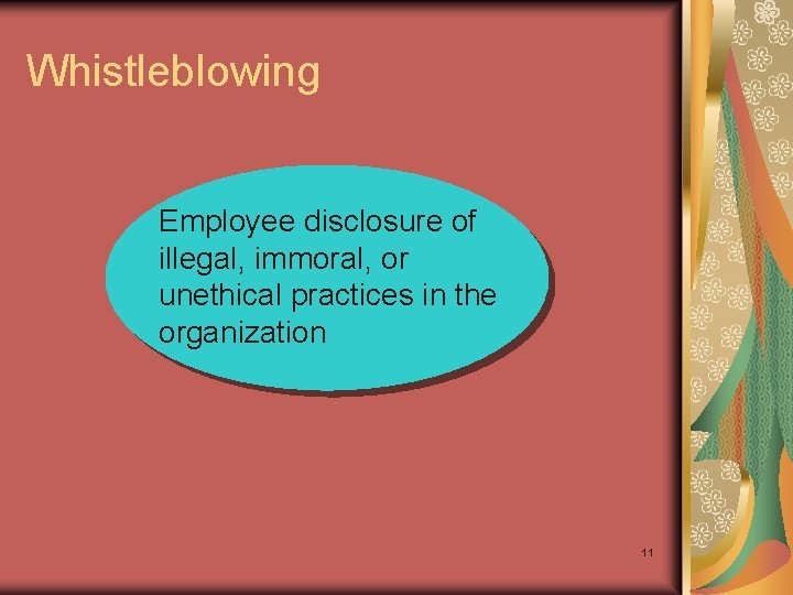 Whistleblowing Employee disclosure of illegal, immoral, or unethical practices in the organization 11 