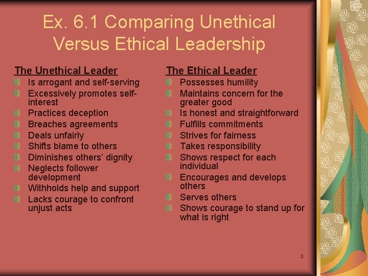 Ex. 6. 1 Comparing Unethical Versus Ethical Leadership The Unethical Leader Is arrogant and