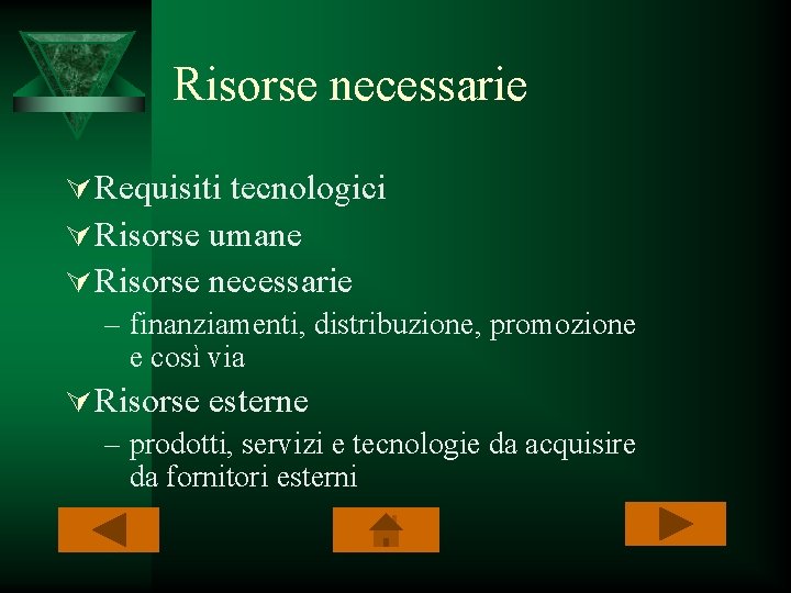 Risorse necessarie Ú Requisiti tecnologici Ú Risorse umane Ú Risorse necessarie – finanziamenti, distribuzione,