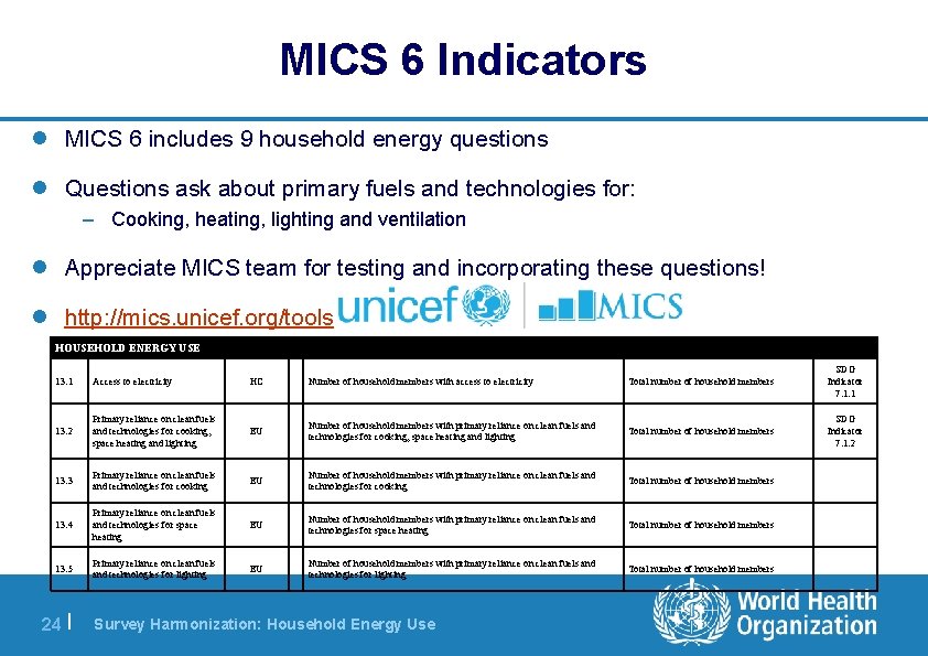 MICS 6 Indicators l MICS 6 includes 9 household energy questions l Questions ask