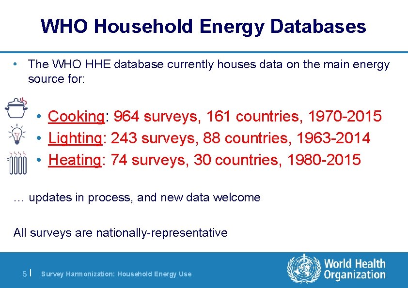 WHO Household Energy Databases • The WHO HHE database currently houses data on the