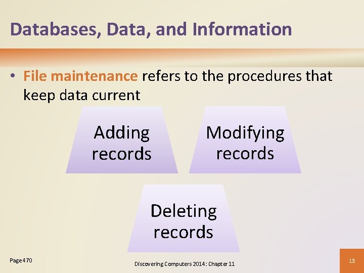 Databases, Data, and Information • File maintenance refers to the procedures that keep data