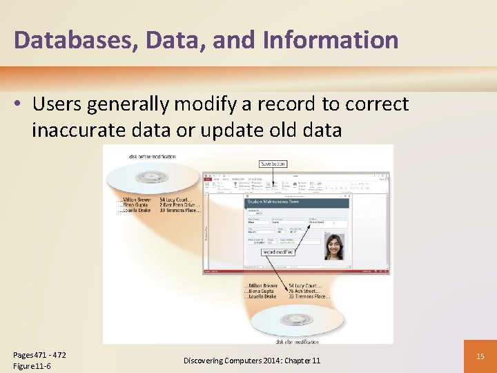 Databases, Data, and Information • Users generally modify a record to correct inaccurate data