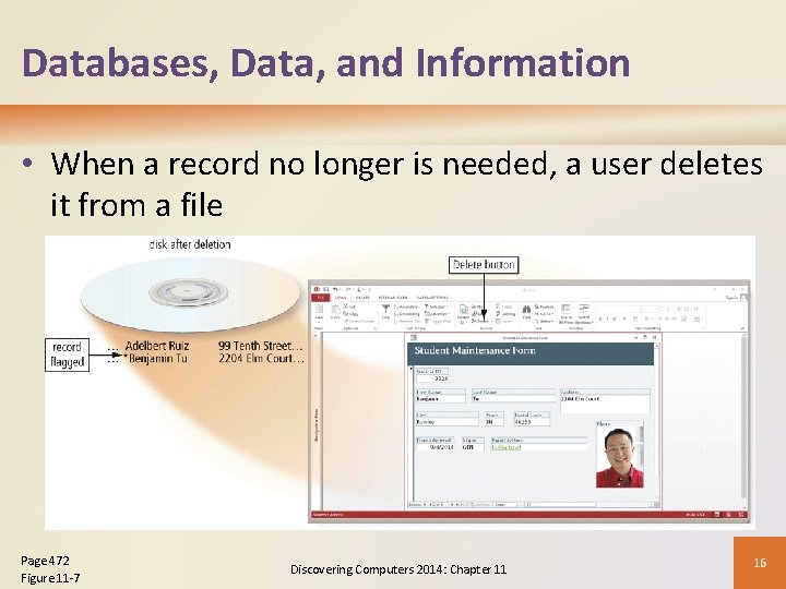 Databases, Data, and Information • When a record no longer is needed, a user
