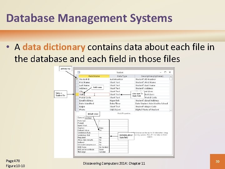 Database Management Systems • A data dictionary contains data about each file in the